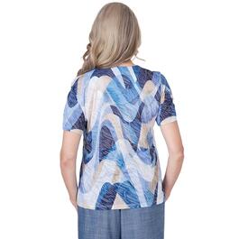 Petites Alfred Dunner Blue Bayou Knit Wavy Abstract Blouse