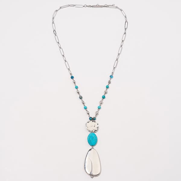 Ashley Cooper(tm) Rhodium-Tone Turquoise Bead Oval Pendant Necklace - image 