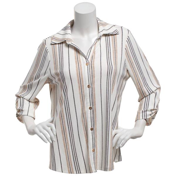Womens Cure 3/4 Sleeve Ribbed Button Front Stripe Blouse - image 