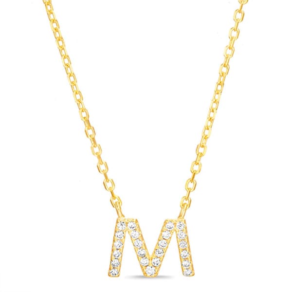 Sterling Silver Gold M Initial Cubic Zirconia Necklace - image 