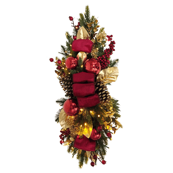 Puleo International Pre-Lit Adorned Gold & Red Banister Swag