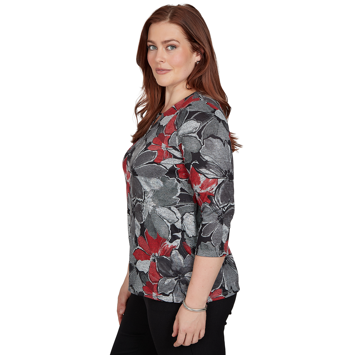Petite Alfred Dunner Classics 3/4 Sleeve Keyhole Floral Blouse