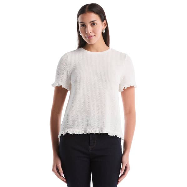 Petite Rafaella(R) Short Sleeve Puckered Ruffle Detail Blouse
