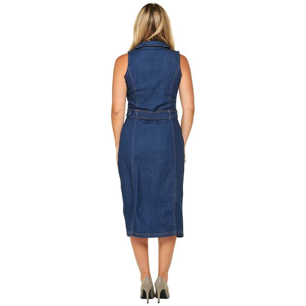 Womens Bebe Sleeveless Belted Denim Midi Dress