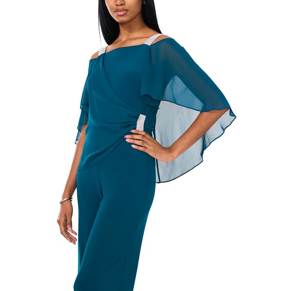 Petite MSK Solid Capelet Overlay Rhinestone Trim Jumpsuit