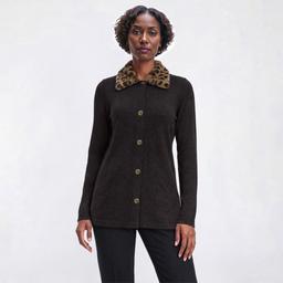 Womens New York Laundry Leopard Collar Button Front Cardigan