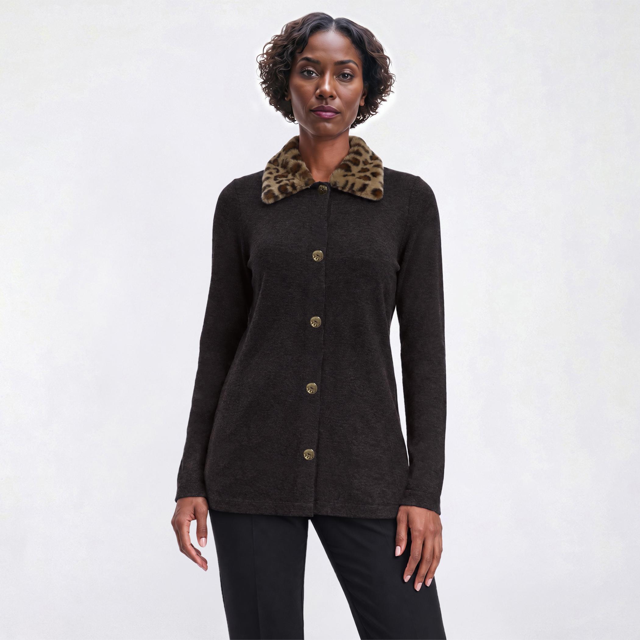 Womens New York Laundry Leopard Collar Button Front Cardigan