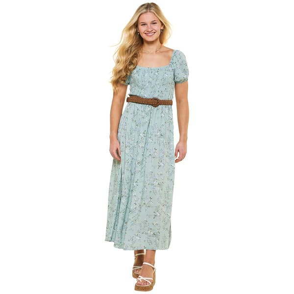 Juniors Wallflower Floral Gauze Smocked Bodice Belted Maxi Dress - image 
