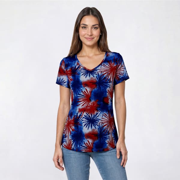 Womens Runway Ready Short Sleeve Star Bursts V-Neck Tee - image 