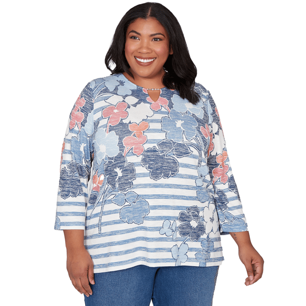 Plus Size Alfred Dunner Austin Stripe Floral Keyhole Neck Blouse - image 