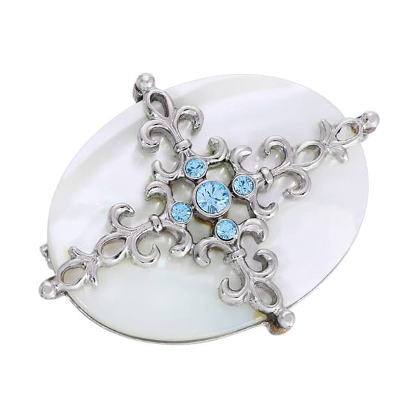 1928 Silver Tone Aqua & Faux Pearl Cross Brooch - image 