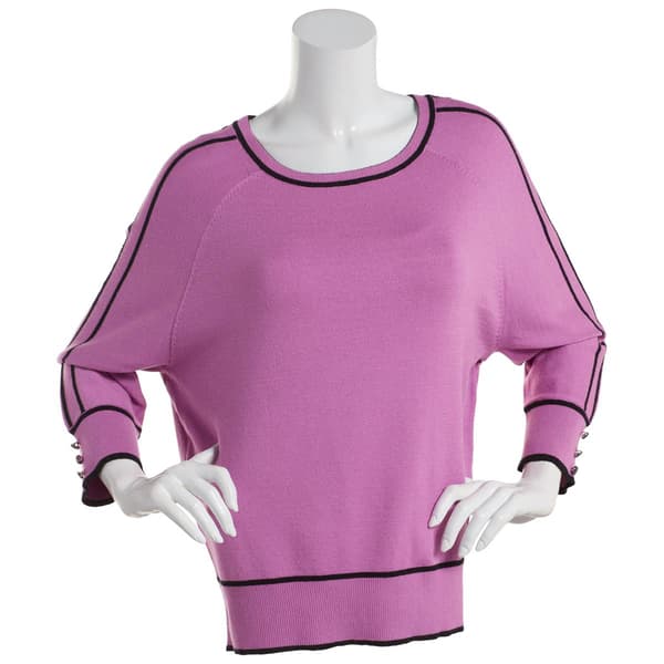 Plus Size Retrology 3/4 Sleeve Solid Crew Neck Tipped Sweater