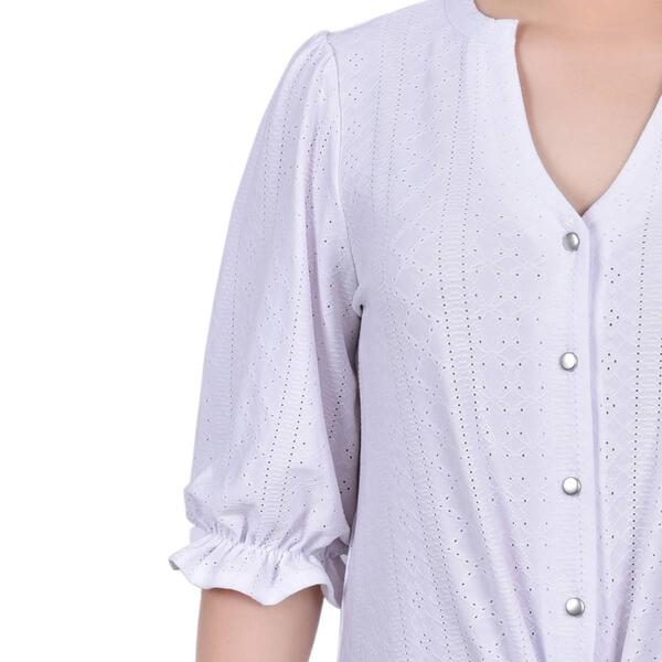 Petite NY Collection 3/4 Sleeve Eyelet Tie Front Button Down