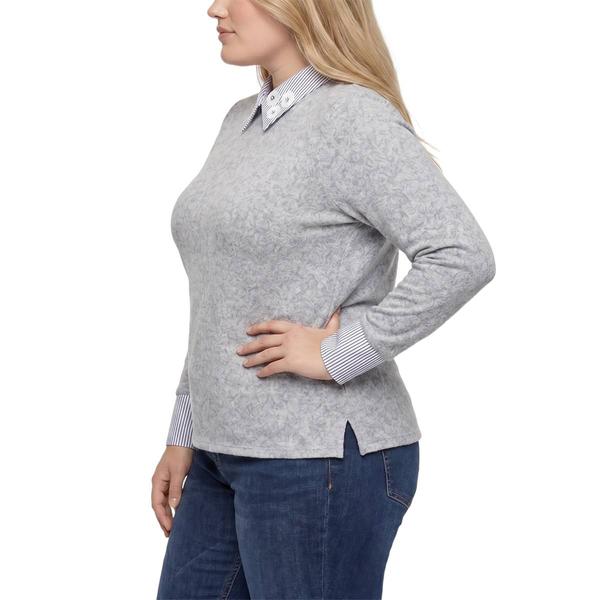 Plus Size NY Collection Long Sleeve Stripe Floral Hacci Sweater