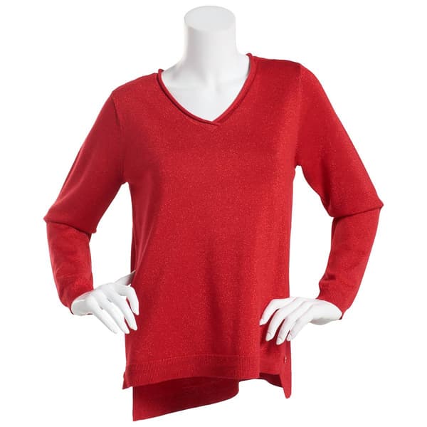 Womens Tint & Shadow Long Sleeve V-Neck Lurex Pullover Sweater - image 