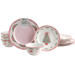 222 Fifth Pinkmas 12pc. Porcelain Christmas Dinnerware Set