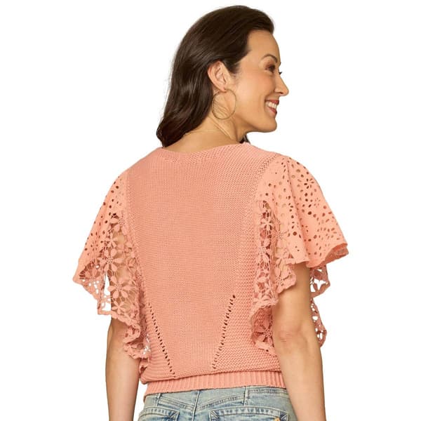 Womens Democracy Short Flutter Sleeve V Neck Mix Media Blouse