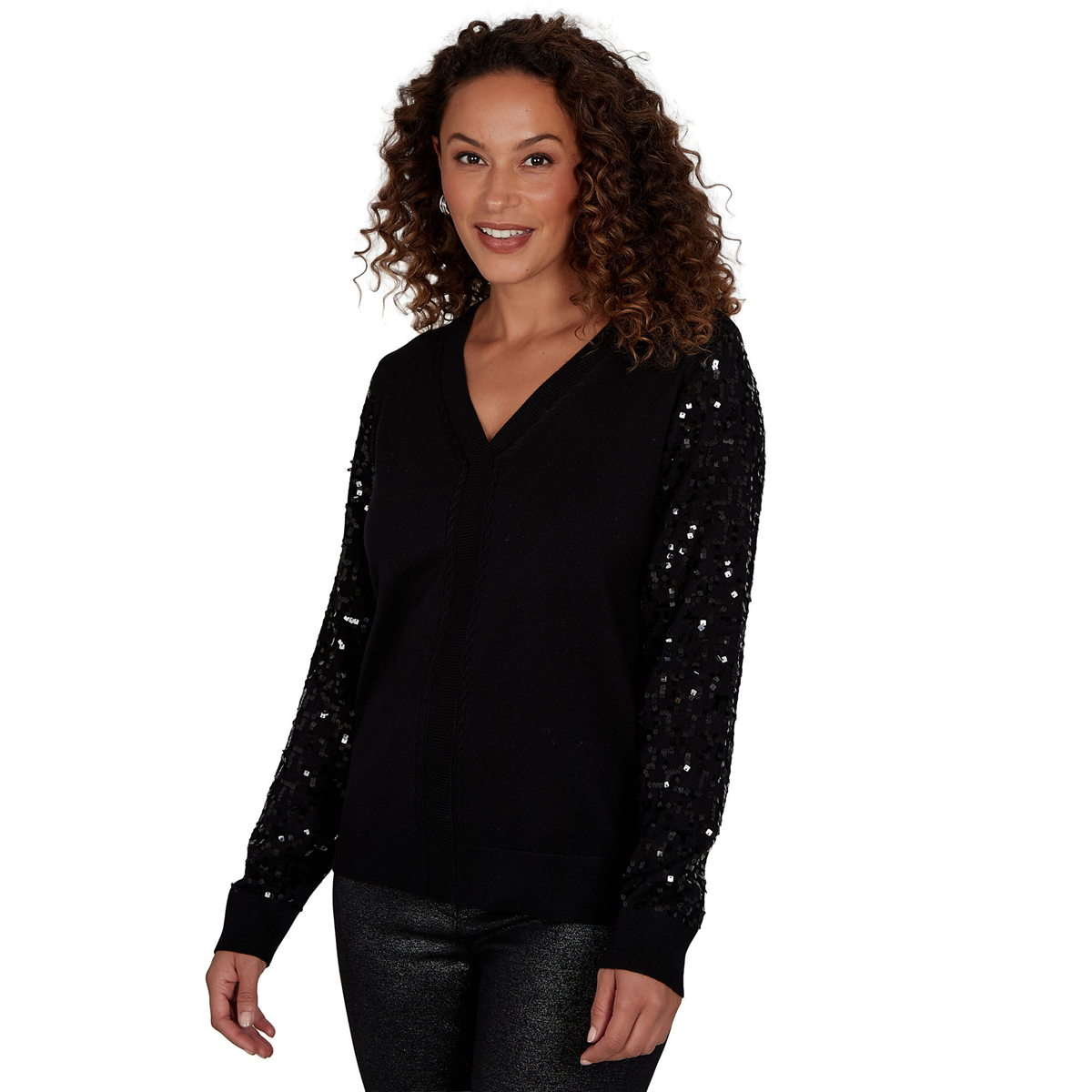 Womens Emaline Lavender Revelry Sequin Sleeve V-Neck Sweater