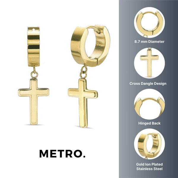 Mens Lynx Gold-Tone Ion Plated Cross Hoop Earrings