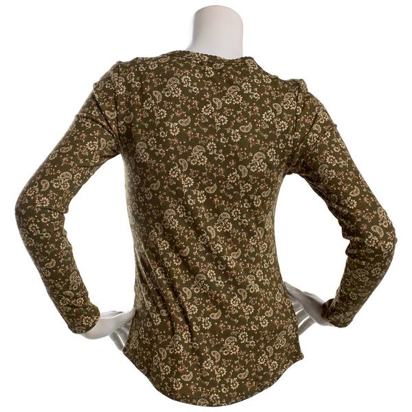 Juniors Wallflower Long Sleeve Paisley Rib Scoop Neck Tee- Leaf