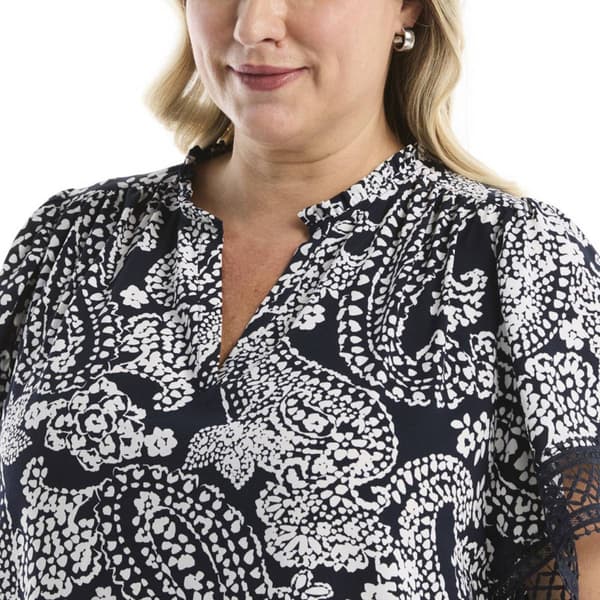 Plus Size Rafaella® Short Flutter Lace Sleeve Paisley Blouse