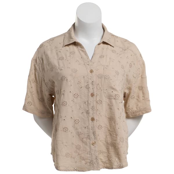 Juniors Plus No Comment Eyelet Embroidered Button Front Blouse