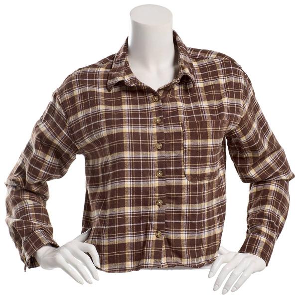 Juniors No Comment Crop Plaid Flannel Top- Brown - image 