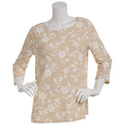Petite Emily Daniels 3/4 Sleeve Floral Jacquard Tee-Tan/White