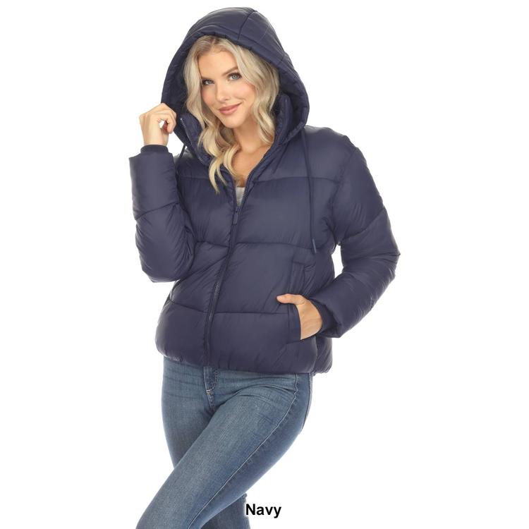 Womens White Mark Zip Hooded Bomber Puffer Jacket