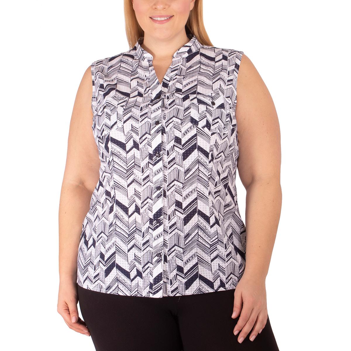 Plus Size Notations Abstract Button Front Equipment Blouse