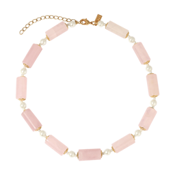 1928 Semi-Precious Rose Quartz Tube & Faux Pearl Bead Necklace