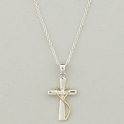Roman Sterling Silver & CZ Heart Cross Pendant Necklace