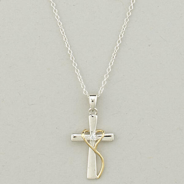 Sterling Silver & Cubic Zirconia Heart Cross Necklace - image 