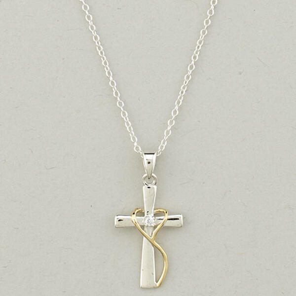 Sterling Silver & Cubic Zirconia Heart Cross Necklace - image 