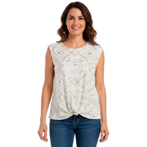 Womens Como Blu Crochet Trim Knot Front Paisley Blouse - image 