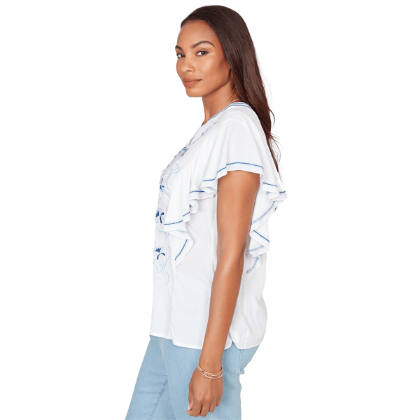 Womens Ruby Rd. French Riviera Ruffle Sleeve Embroidery Blouse