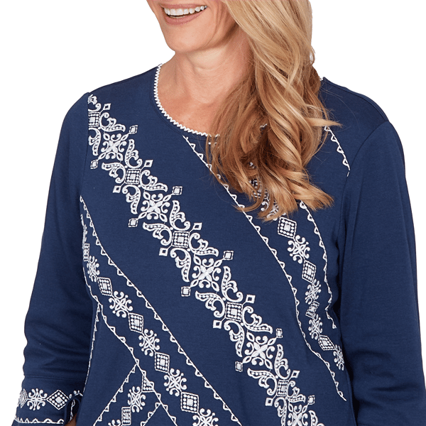 Womens Alfred Dunner Mykonos 3/4 Sleeve Diagonal Scroll Blouse