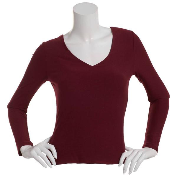 Juniors 7th & Hudson Long Sleeve Double Layer Deep V-Neck Tee - image 