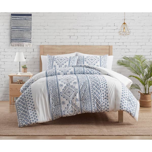 Indigo Ink White Denim Navy Geometric Stripe Comforter Set