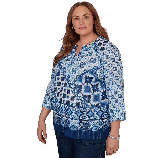 Plus Size Alfred Dunner Indigo Girls 3/4 Sleeve Patchwork Blouse