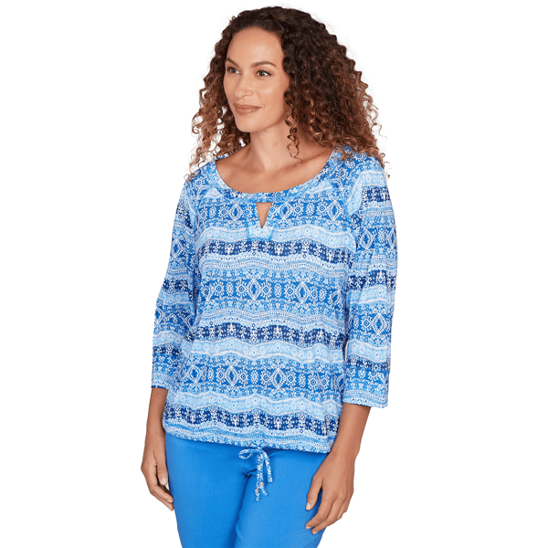 Womens Hearts of Palm Embraceable Blue Geometric Keyhole Blouse
