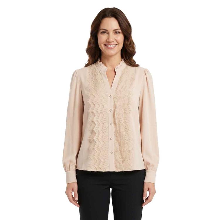 Womens Adrianna Papell Cuff Sleeve Ruffle Neck Lace Blouse