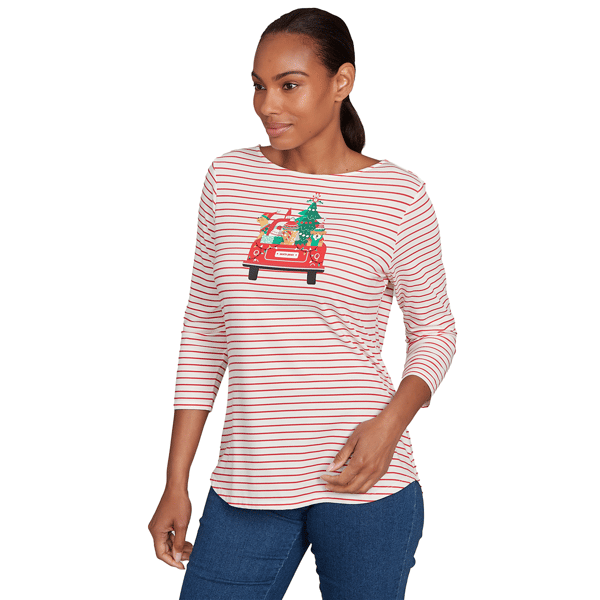Womens Ruby Rd. Must Haves II Christmas Truck Stripe Tee