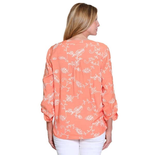 Petite Multiples Roll Tab Sleeve Floral Vine Embroidery Blouse