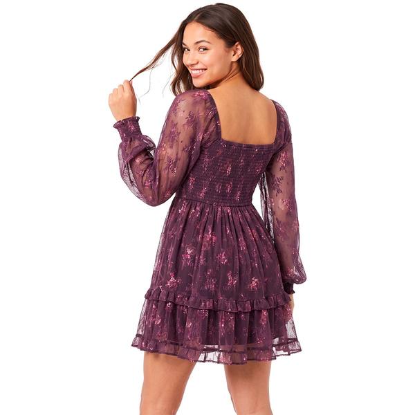 Juniors Jolt Long Sleeve Floral Lace Tier Skater Dress
