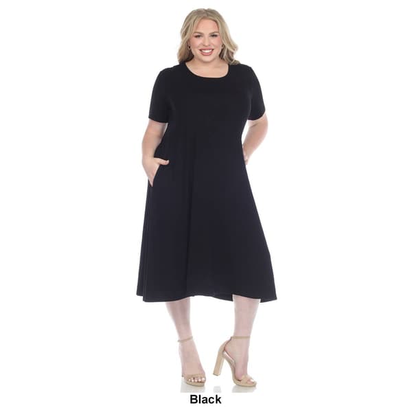Plus Size White Mark Short Sleeve Pocket Swing Midi Dress