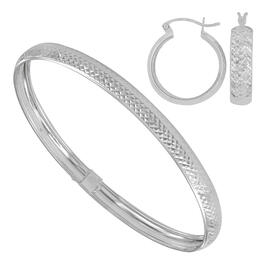 Double Diamond Cut Pattern Hoop Earrings and Bangle Bracelet Set