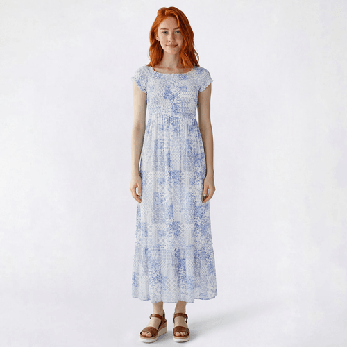 Juniors Pink Rose Floral Gauze Crinkle Maxi Dress- Blue Tile - image 