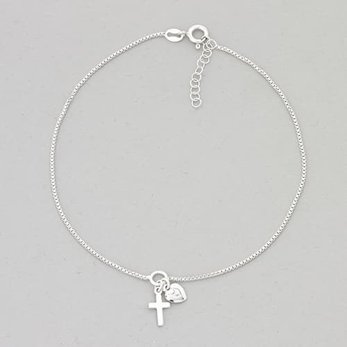 Barefootsies Sterling Silver Cross & Heart Ankle Bracelet