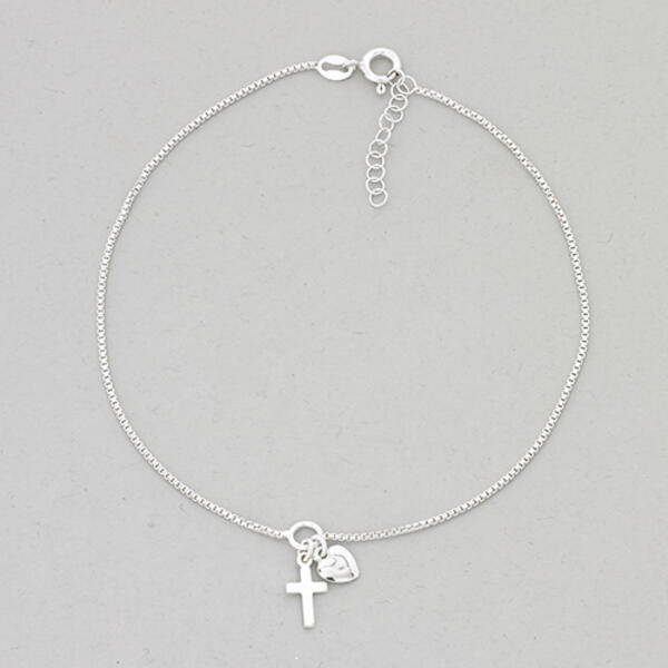 Barefootsies Sterling Silver Cross & Heart Ankle Bracelet - image 